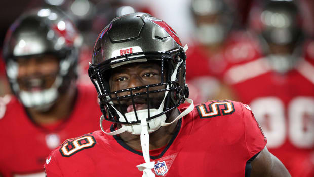 Dec 5, 2022; Tampa, Florida, USA; Tampa Bay Buccaneers linebacker Genard Avery (59) takes the field before a game against the New Orleans Saints at Raymond James Stadium. Mandatory Credit: Nathan Ray Seebeck-USA TODAY Sports